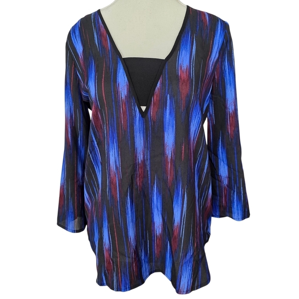 Dex V-Neck Striped Abstract Blouse Black, Blue, and Red Size XS